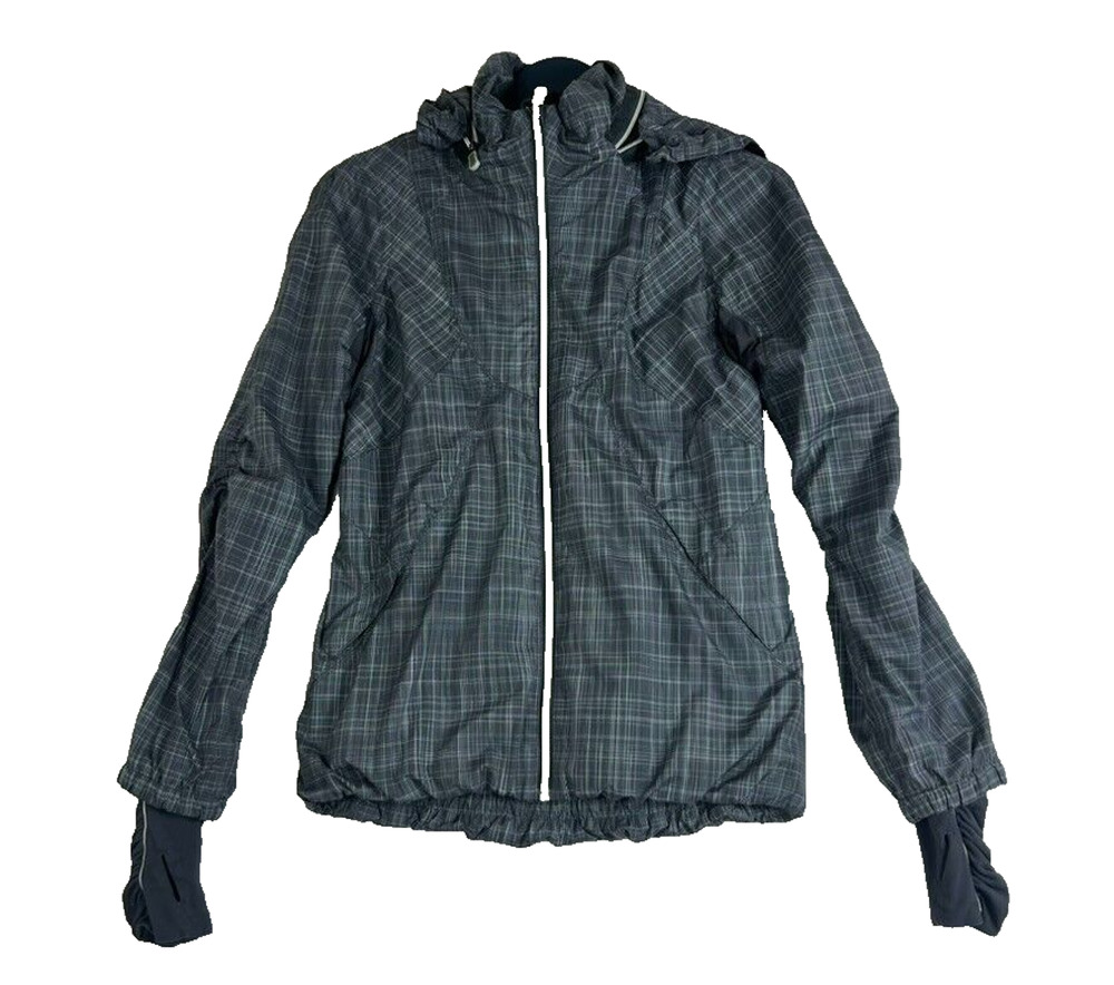 Lululemon Jacket Womens 4 33" Run Hustle Gray Plaid Hood Reflective Thumb Hole